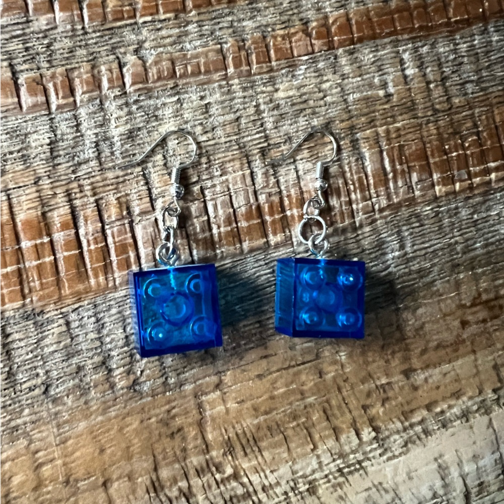 Blue Lego Dangle Earringz with Hypoallergenic Hooks